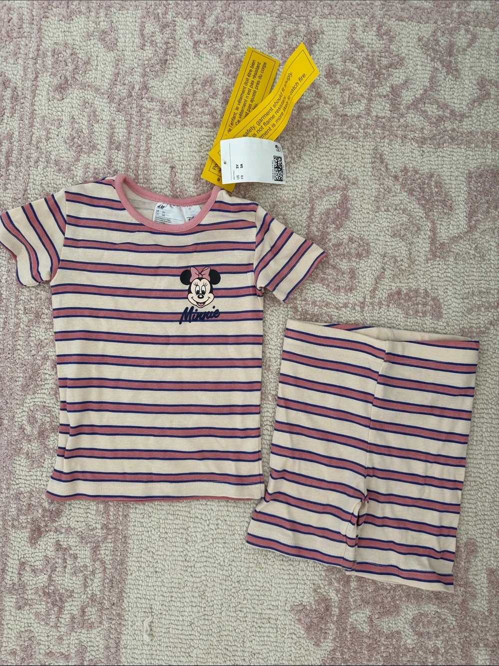 Disney Minnie Mouse Pink Cream Stripe Short Pajama Set H&M Size 3T NWT